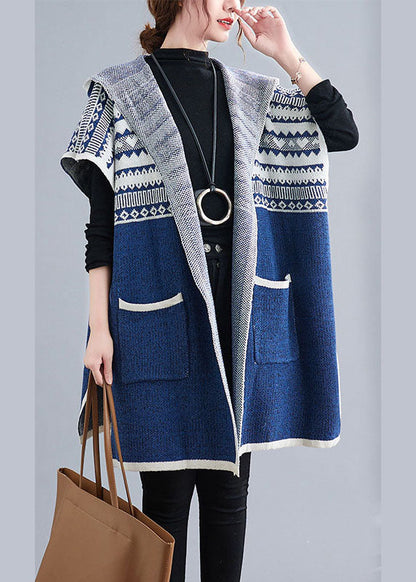 French Blue Hooded Side Open Short Sleeve Fall Knit Sweaters Coat