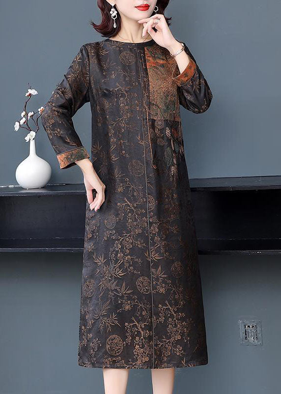 French Brown O-neck Patchwork Side Open Silk Long Dresses Fall