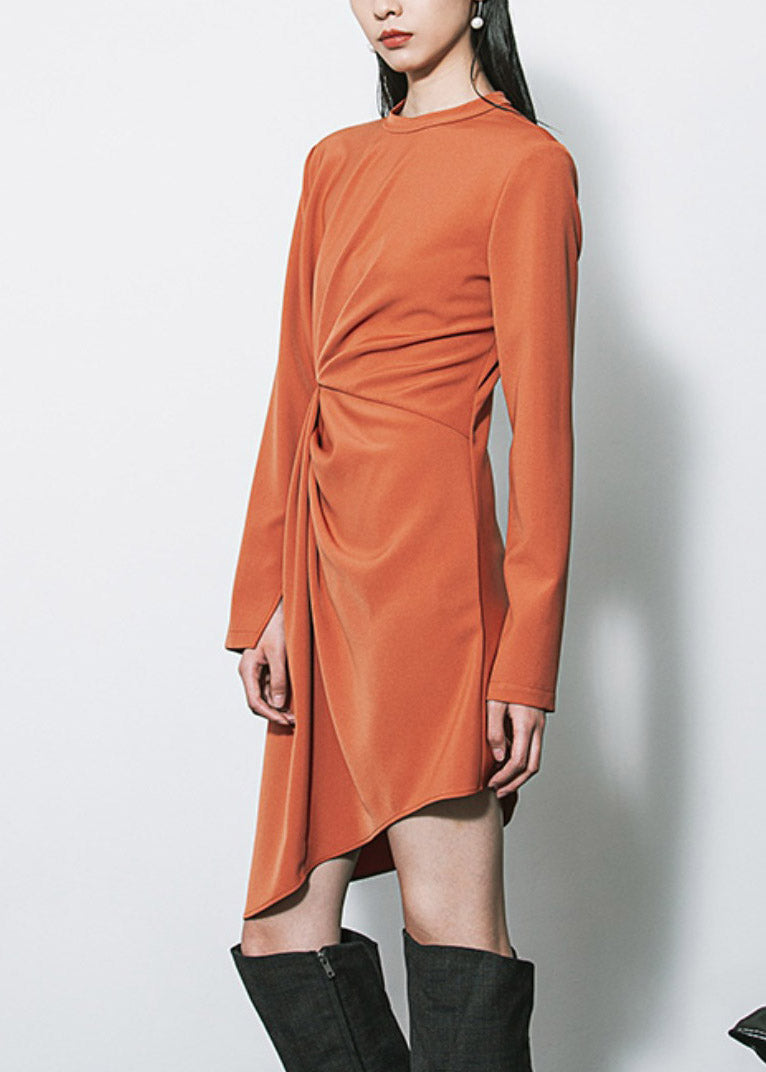 French Brown O-neck Wrinkled Asymmetrical Patchwork Mid Dress Fall
