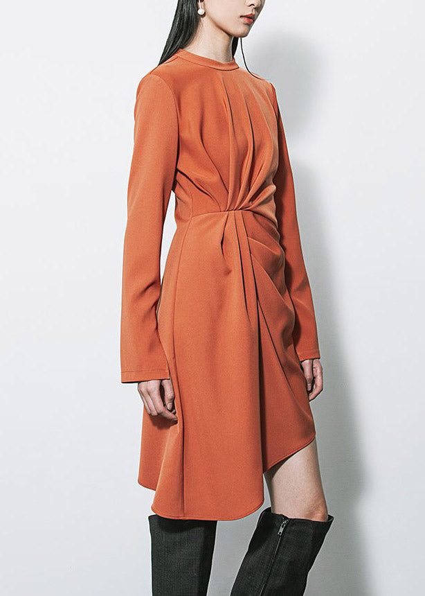 French Brown O-neck Wrinkled Asymmetrical Patchwork Mid Dress Fall