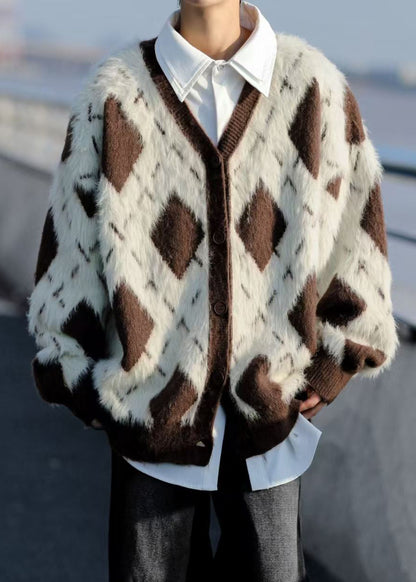 French Brown Plaid Button Mink Velvet Coats Spring