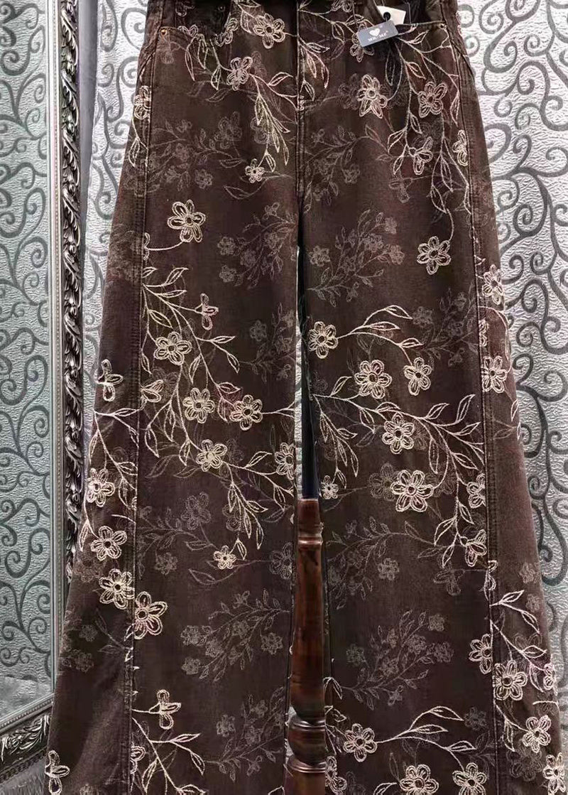 French Brown Print Denim Wide Leg Pants Spring