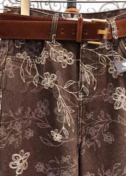 French Brown Print Denim Wide Leg Pants Spring