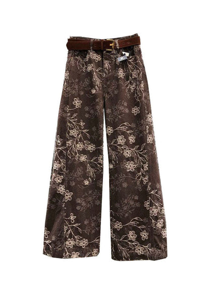 French Brown Print Denim Wide Leg Pants Spring