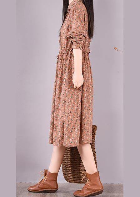 French Brown Print Dresses Lapel Drawstring Maxi Spring Dress