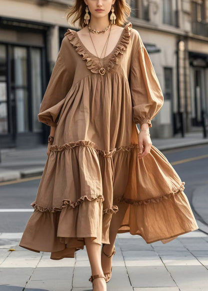 French Brown Ruffled Exra Large Hem Party Dresses Spring