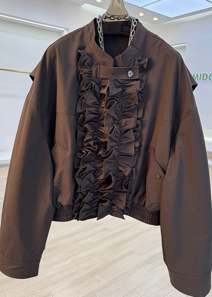 French Brown Ruffled Pockets Cotton Jackets Spring