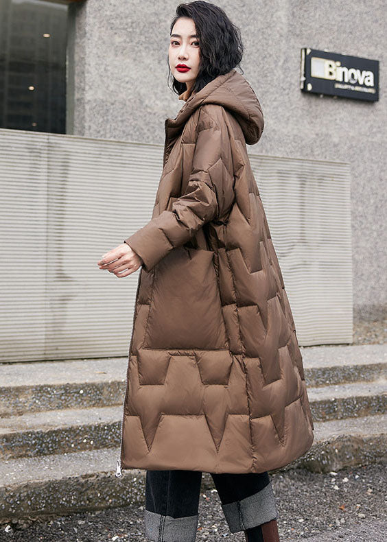 French Brown Hooded Zippered Duck Down Puffers Coats Winter