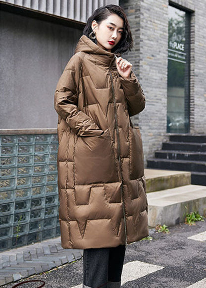 French Brown Hooded Zippered Duck Down Puffers Coats Winter