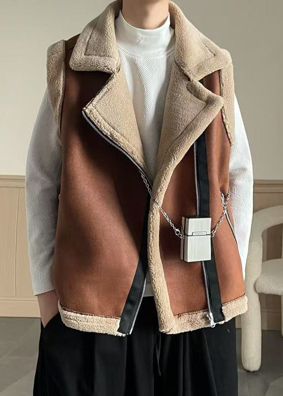 French Brown Zippered Patchwork Fleece Wool Lined Waistcoat Sleeveless