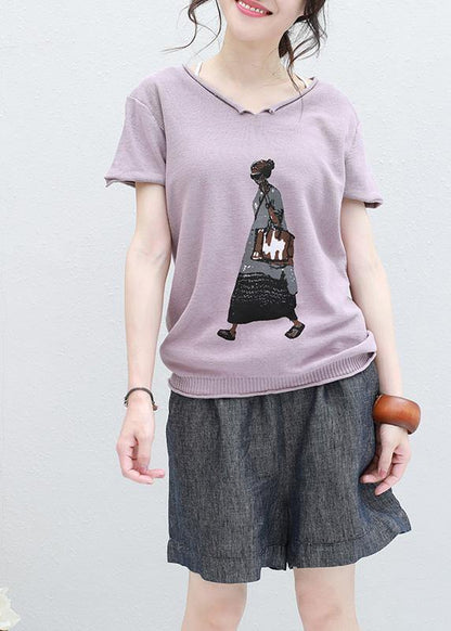 French Cartoon Print Cotton Tunic Top Photography V Neck Tops Light Purple