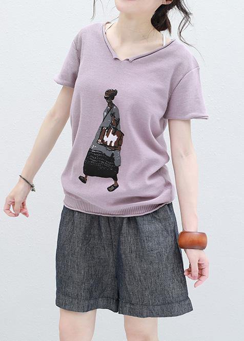 French Cartoon Print Cotton Tunic Top Photography V Neck Tops Light Purple