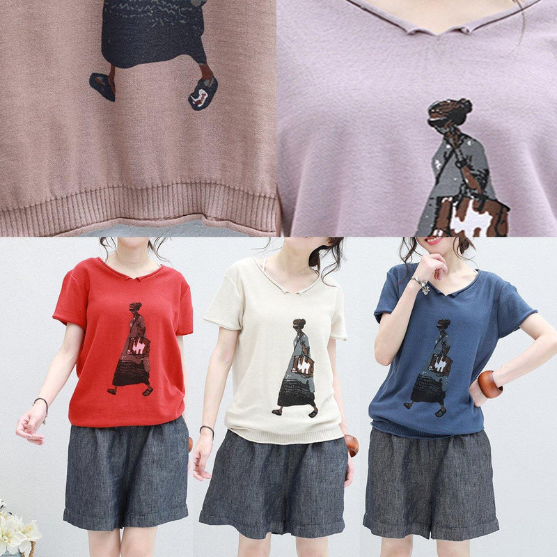 French Cartoon Print Cotton Tunic Top Photography V Neck Tops Light Purple