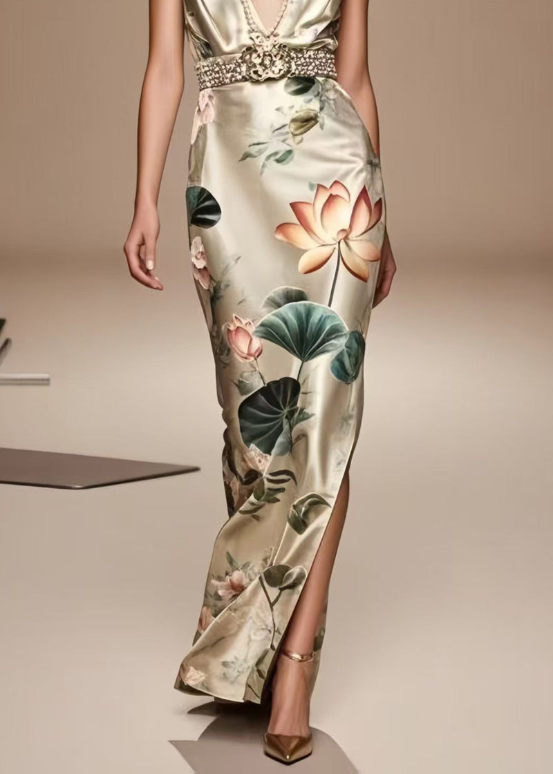 French Champagne Print Side Open Silk Tunic Dress Summer