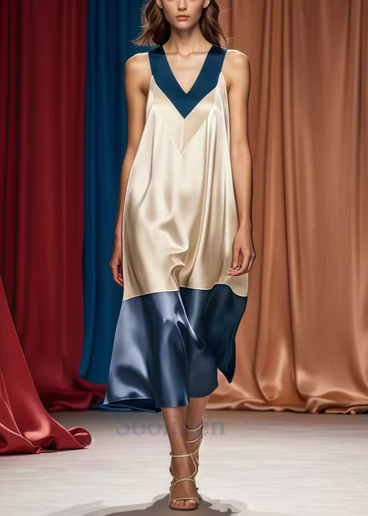 French Champagne V Neck Patchwork Silk Holiday Dress Summer