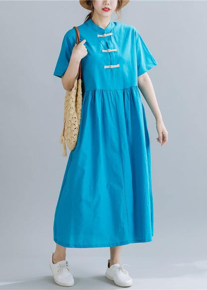 French Chinese Button Linen Summerwardrobes Wardrobes Blue Sttand Collar Dress