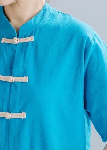 French Chinese Button Linen Summerwardrobes Wardrobes Blue Sttand Collar Dress