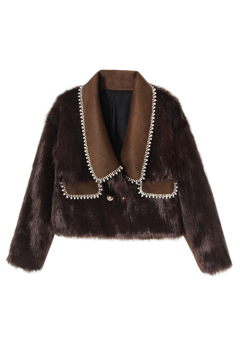 French Chocolate Peter Pan Collar Patchwork Leather and Fur Coats Winter