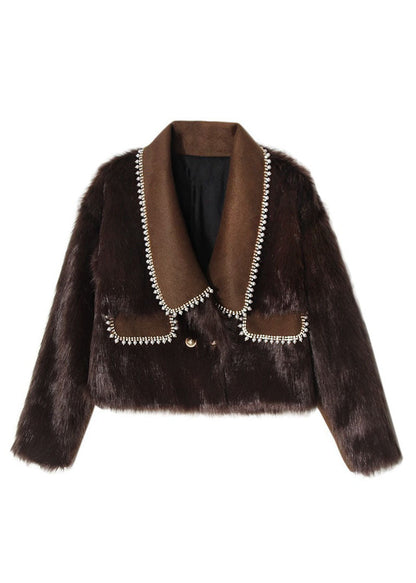 French Chocolate Peter Pan Collar Patchwork Leather and Fur Coats Winter