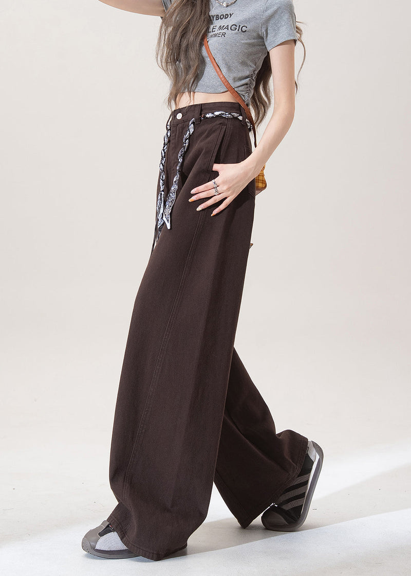 French Chocolate Pockets High Waist Denim Straight Pants Spring