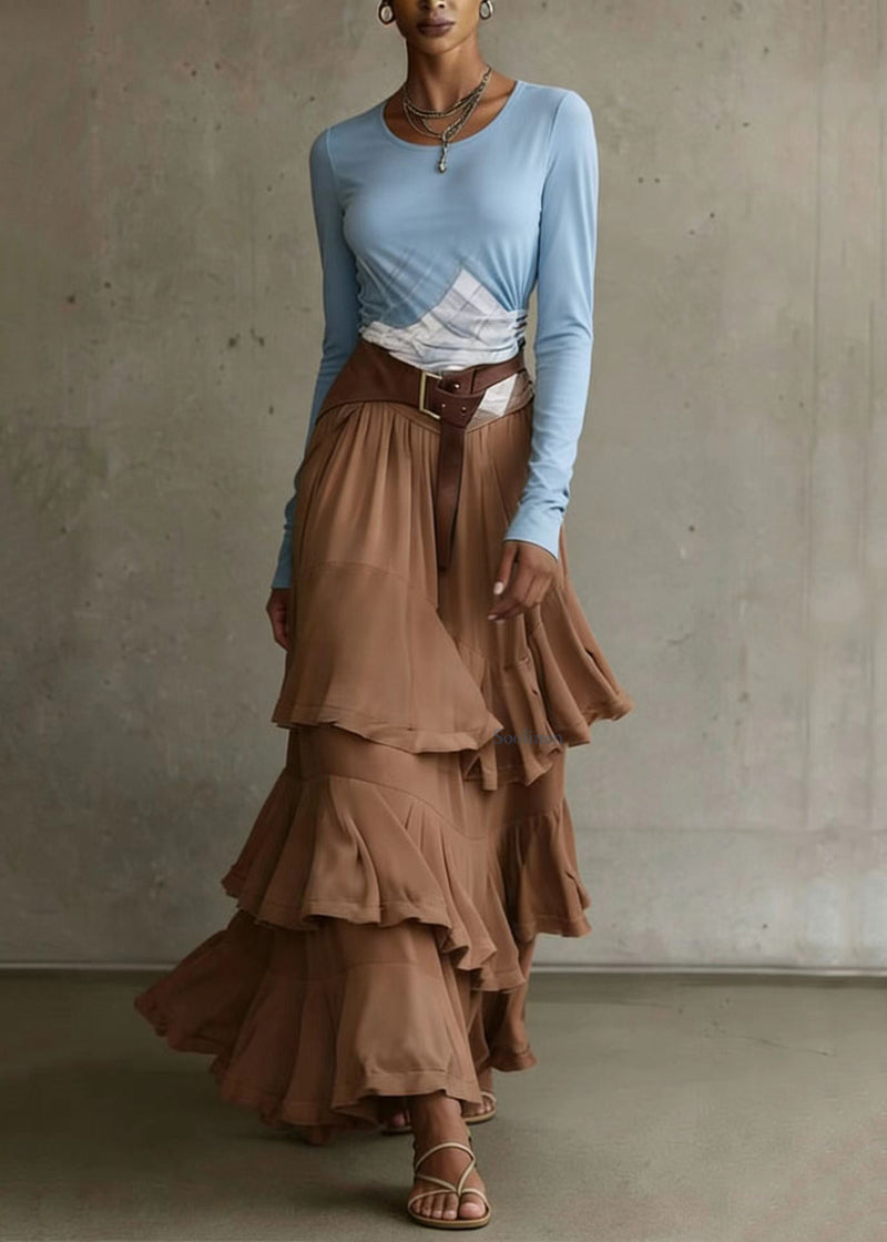 French Coffee Asymmetrical Ruffled Patchwork Chiffon Skirt Spring