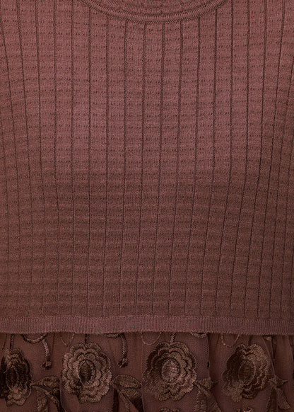 French Chocolate O-neck Embroideried Lace Patchwork Knit Maxi Dress Long Sleeve