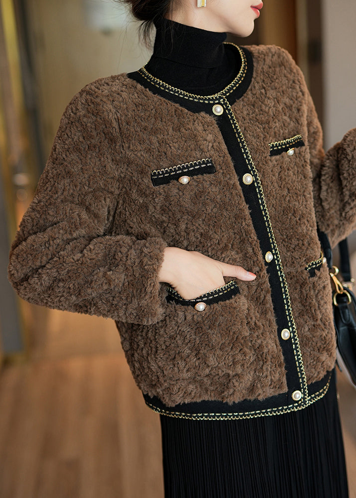 French Chocolate O-neck Patchwork Button Faux Fur Coats Winter