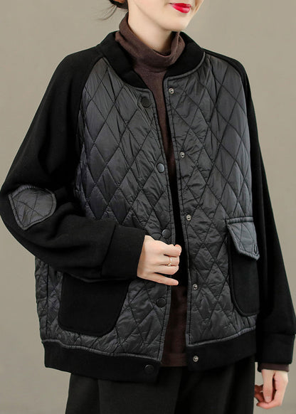 French Coffee O-neck Patchwork Button Thick Coats Long Sleeve