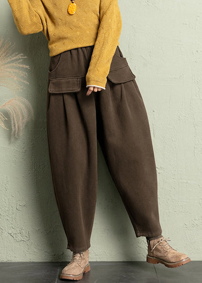 French Coffee Elastic Wais Cotton Harem Pants