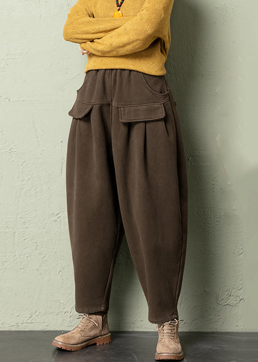 French Coffee Elastic Wais Cotton Harem Pants