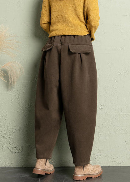 French Coffee Elastic Wais Cotton Harem Pants