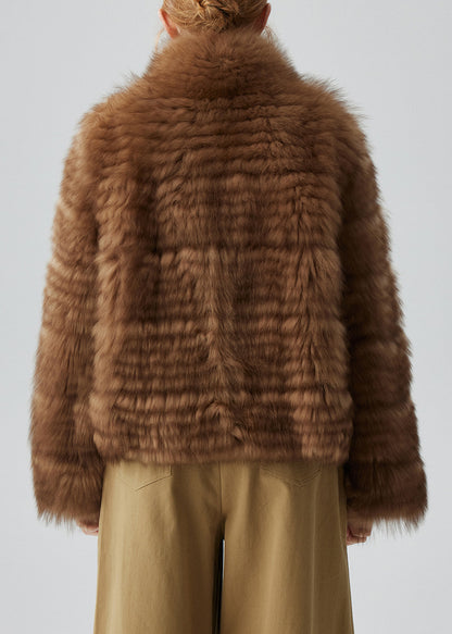 French Coffee Stand Collar Pockets Leather and Fur Coats Winter