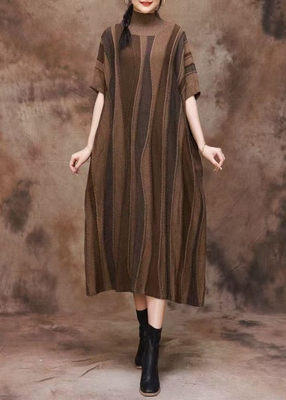 French Coffee Striped Turtleneck Patchwork Cashmere Dress Spring