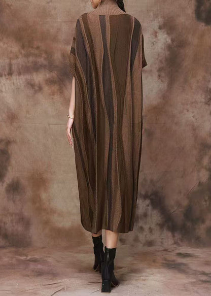 French Coffee Striped Turtleneck Patchwork Cashmere Dress Spring