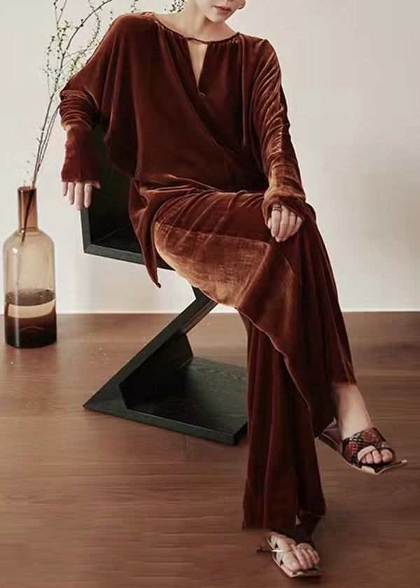 French Coffee Tops and Pants Velour Two Pieces Set Fall