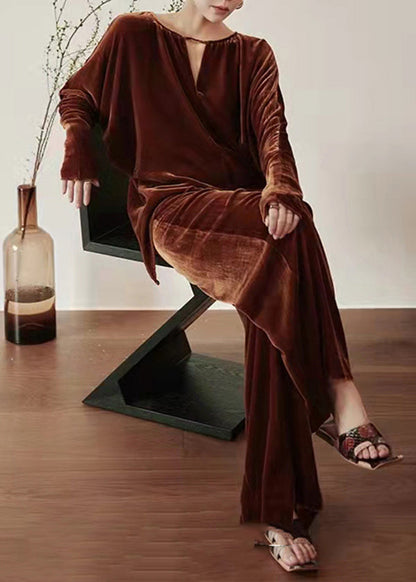 French Coffee Tops and Pants Velour Two Pieces Set Fall