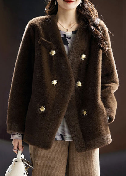 French Coffee V Neck Button Leather and Fur Coats Long Sleeve