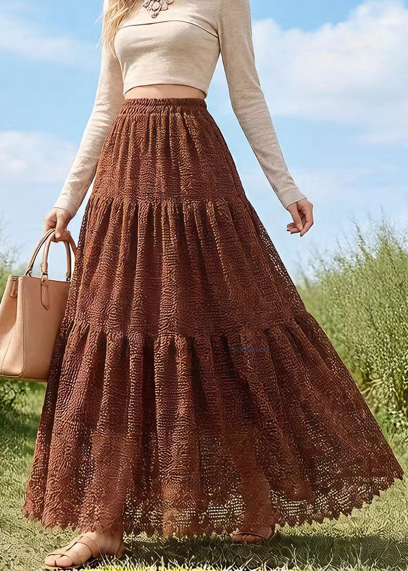 French Coffee Wrinkled Patchwork Hollow Out Lace Skirts Spring