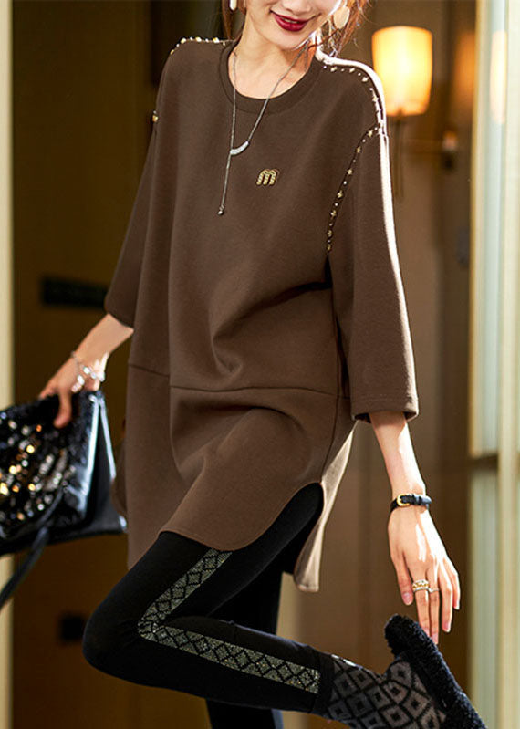 French Coffen O-neck Cozy Nail Bead Shirt Fall