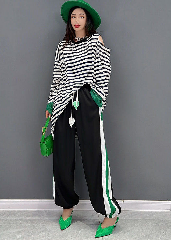 French Cold Shoulder Striped Print Cotton Tops and Pants Two Piece Set Outfits Spring