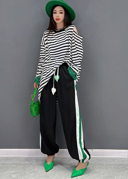 French Cold Shoulder Striped Print Cotton Tops and Pants Two Piece Set Outfits Spring