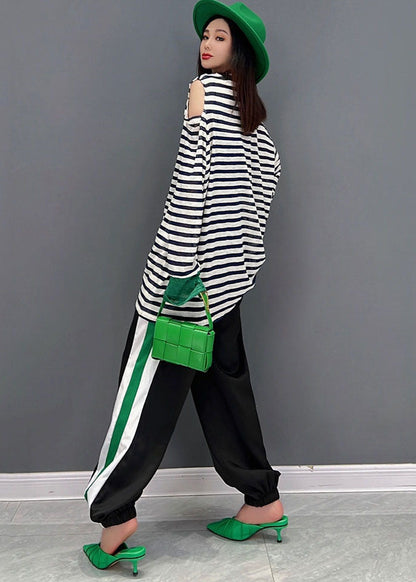 French Cold Shoulder Striped Print Cotton Tops and Pants Two Piece Set Outfits Spring