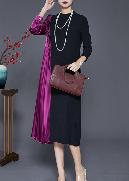 French Colorblock Asymmetrical Patchwork Wrinkled Long Knit Dress Fall
