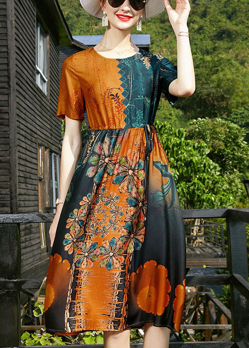 French Colorblock O-neck Cinched Print Silk Beach Dresses Short Sleeve