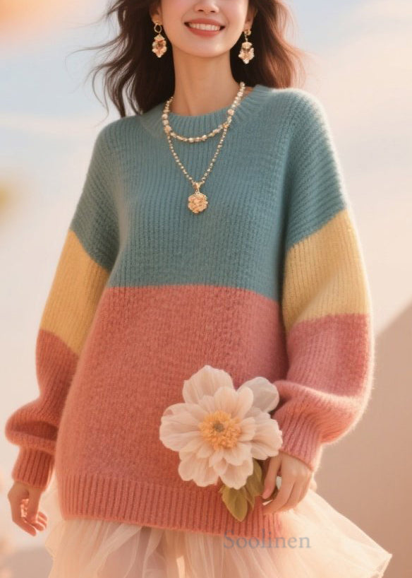 French Colorblock O Neck Knit Sweater Fall