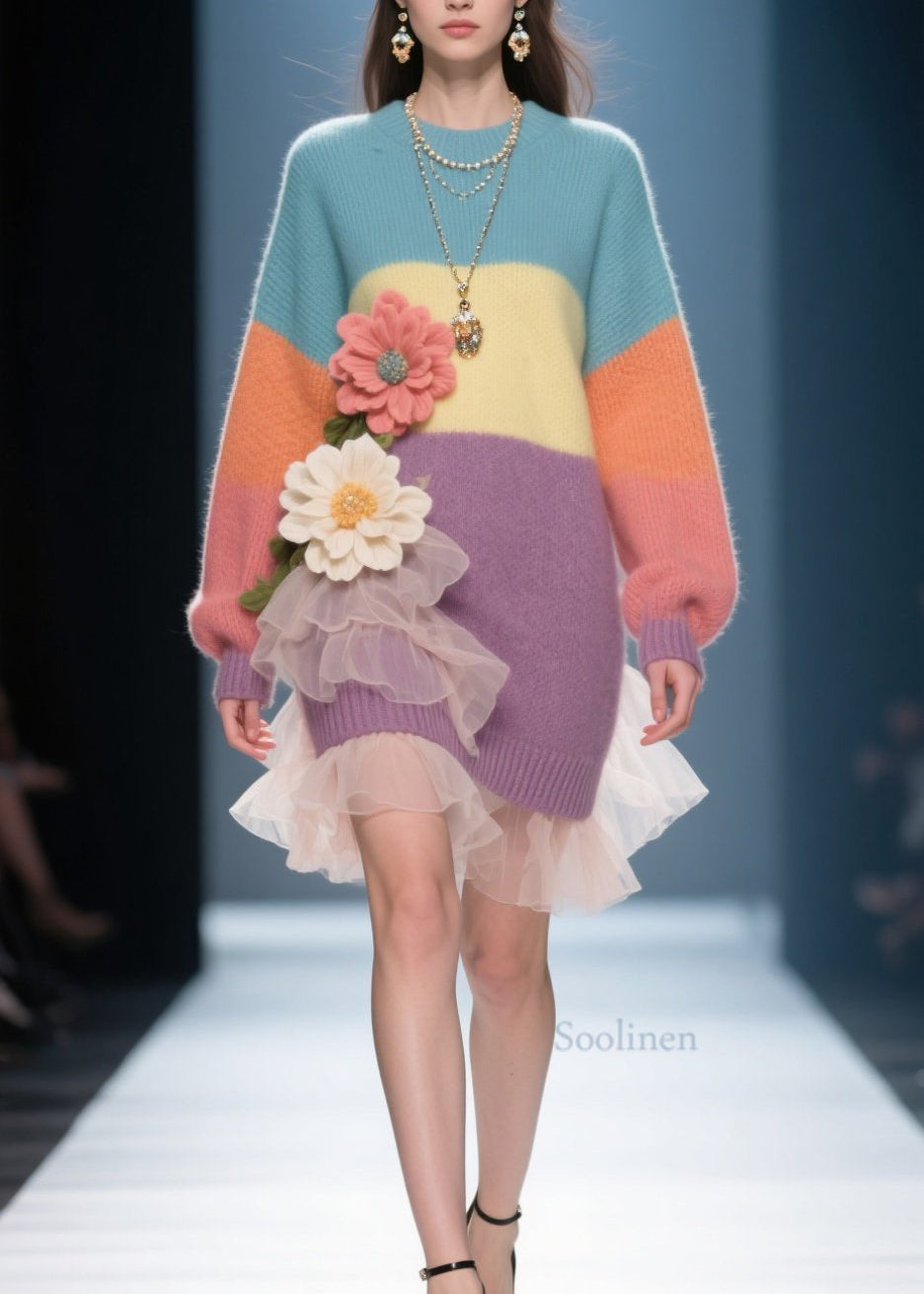 French Colorblock O Neck Tulle Knit Sweater Dress Winter