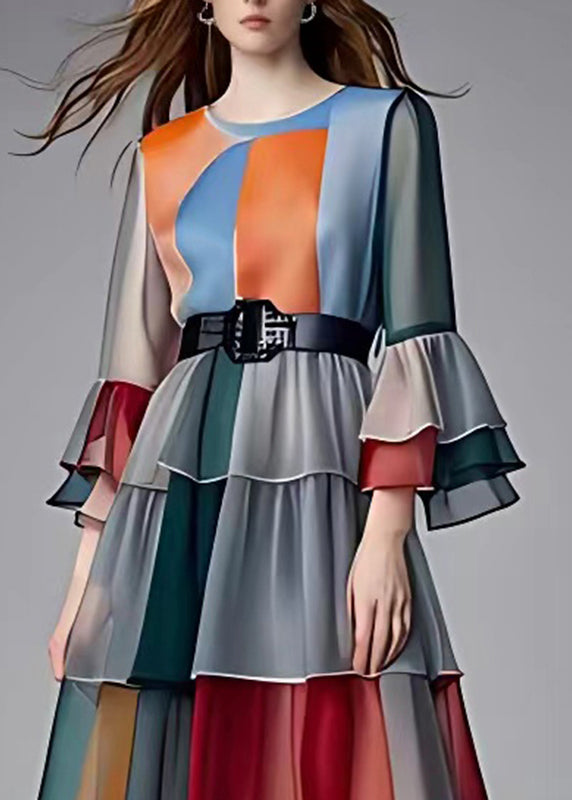 French Colorblock O-neck Sashes Chiffon Maxi Dress Flare Sleeve