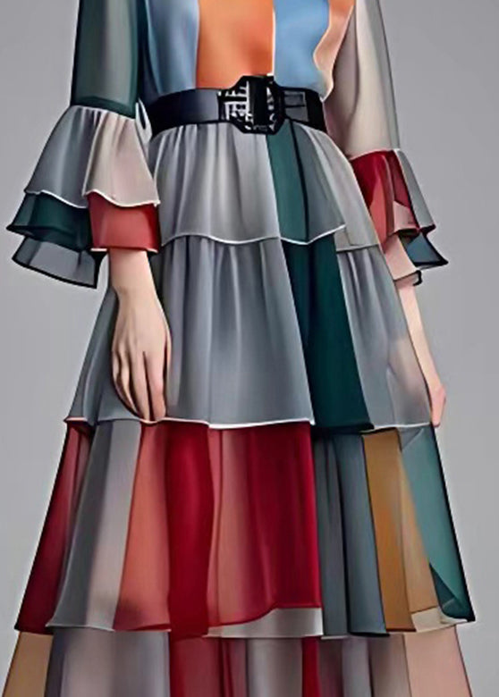 French Colorblock O-neck Sashes Chiffon Maxi Dress Flare Sleeve