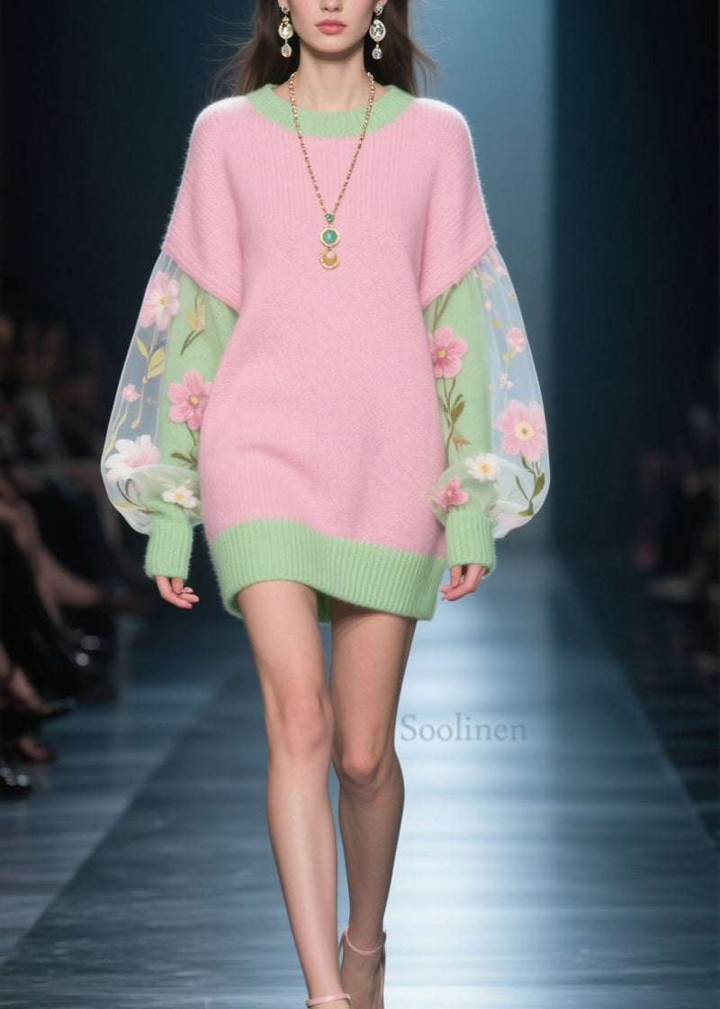 French Colorblock Tulle Patchwork Knit Sweater Dress Winter