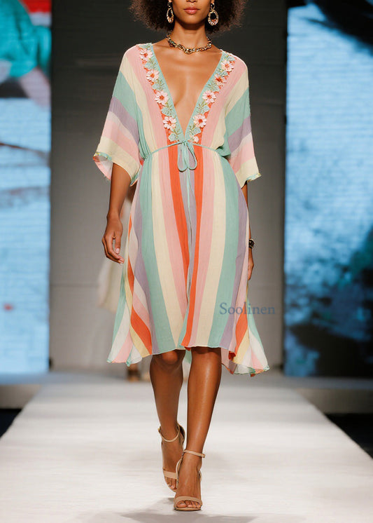 French Colorblock V Neck Cotton Mid Dresses Summer